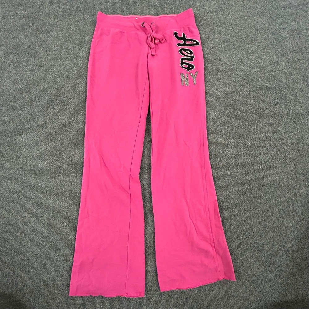 Aeropostale Sweatpants Womens Size M Pink Wide Leg Aero NY Logo Drawstring Pant